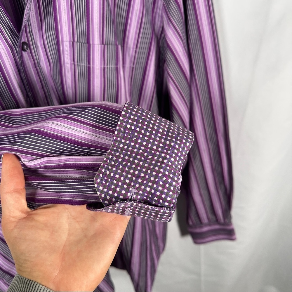 Bugatchi Uomo Cotton Stripe Contrast Cuff Button-Up JEWEL TONE Purple L Office - Picture 9 of 12